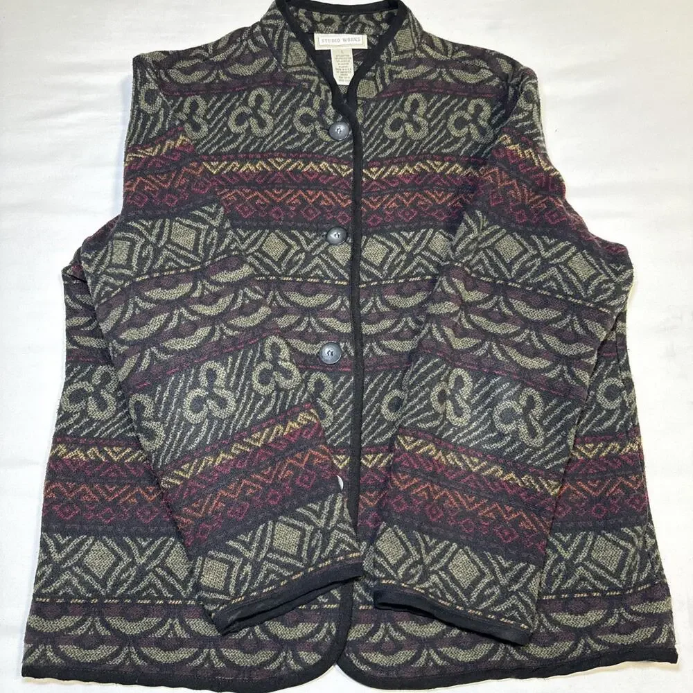 VTG Studio Works Womens Lg Knit Blazer Cardigan Southwestern Boho Aztec EUC